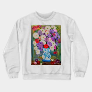 abstract carnations in a white vase with turquoise flowers on it . Crewneck Sweatshirt